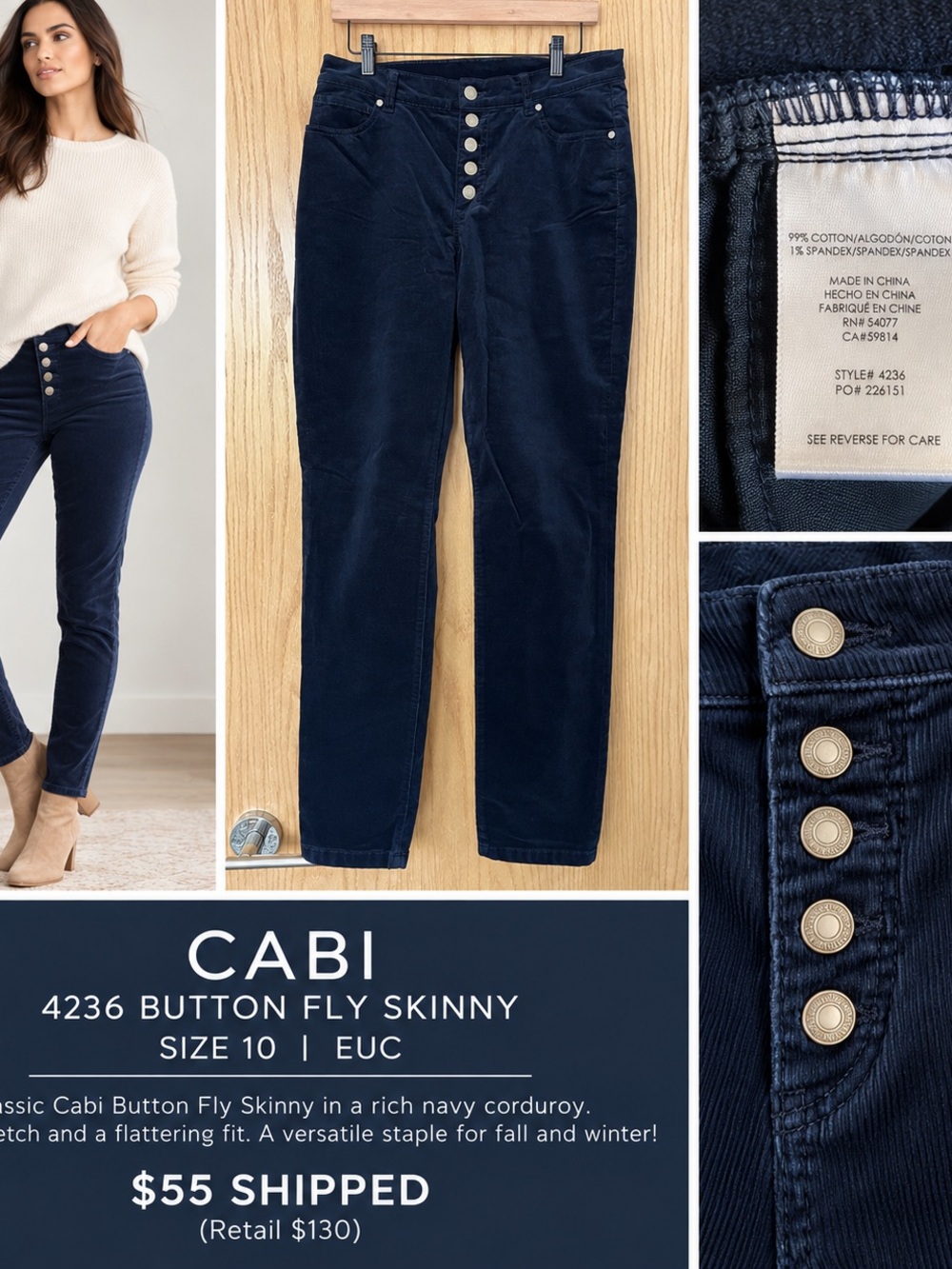 CAbi Navy Button-Fly Corduroy Skinny Jeans
